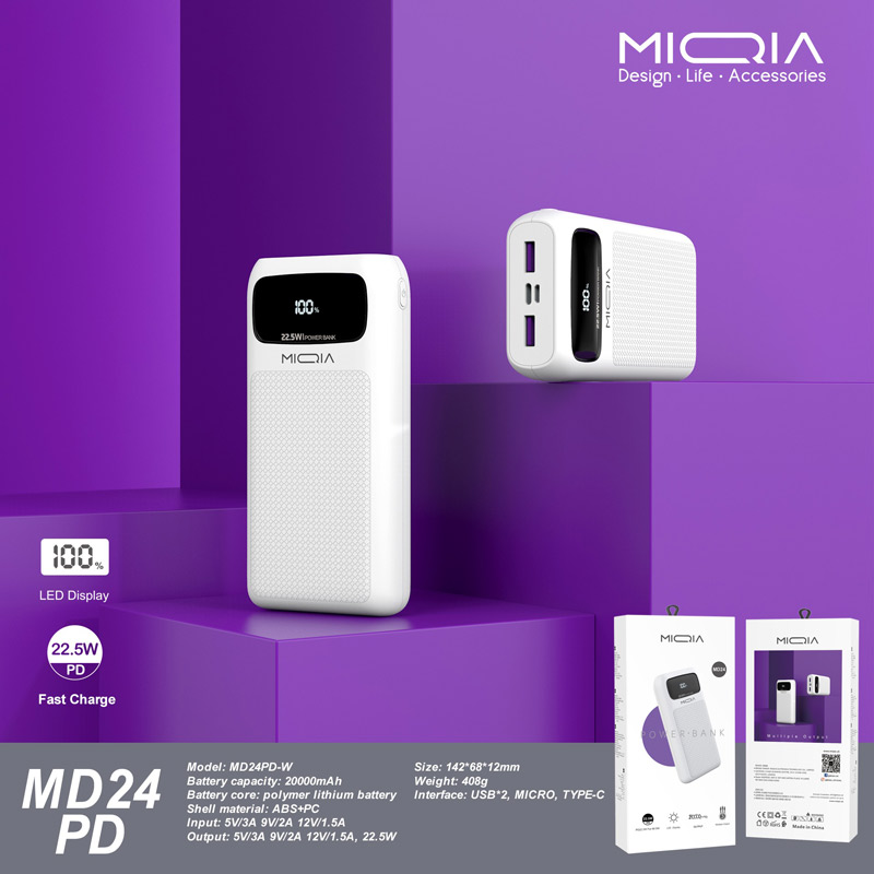پاور بانک فست شارژ 20000 میکیا Miqia MD24PD-W PD 22.5W