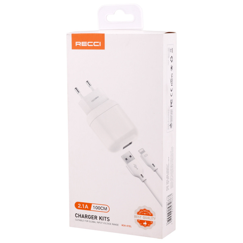 شارژر دیواری فست شارژ Recci RCK-01EL 2.1A 10.5W + کابل آیفونی