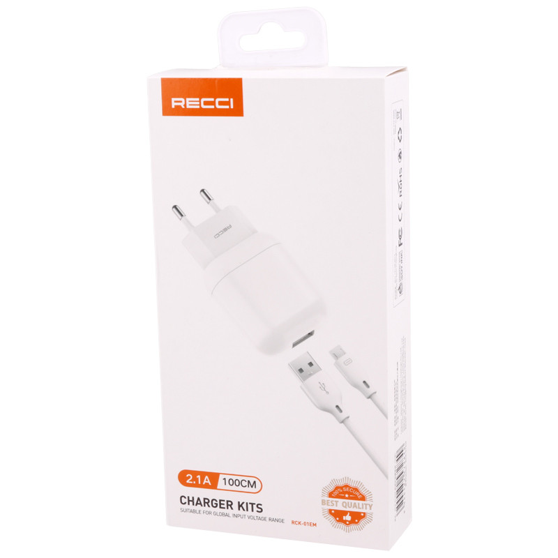 شارژر دیواری فست شارژ Recci RCK-01EM 2.1A 10.5W + کابل میکرو یو اس بی