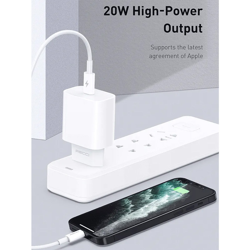 شارژر دیواری فست شارژ Recci RCK-16ECL PD 3A 20W Type-C + کابل تبدیل تایپ سی به آیفونی