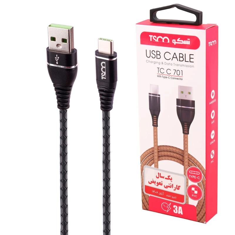 کابل تایپ سی 3 آمپر تسکو TCC701 طول 1 متر