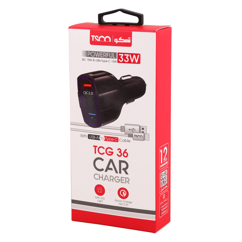 شارژر فندکی فست شارژ TSCO TCG 36 3A QC3.0 PD 33W + کابل تایپ سی