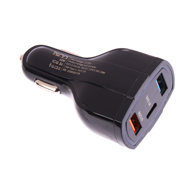 شارژر فندکی فست شارژ TSCO TCG 36 3A QC3.0 PD 33W + کابل تایپ سی