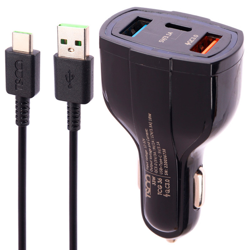 شارژر فندکی فست شارژ TSCO TCG 36 3A QC3.0 PD 33W + کابل تایپ سی