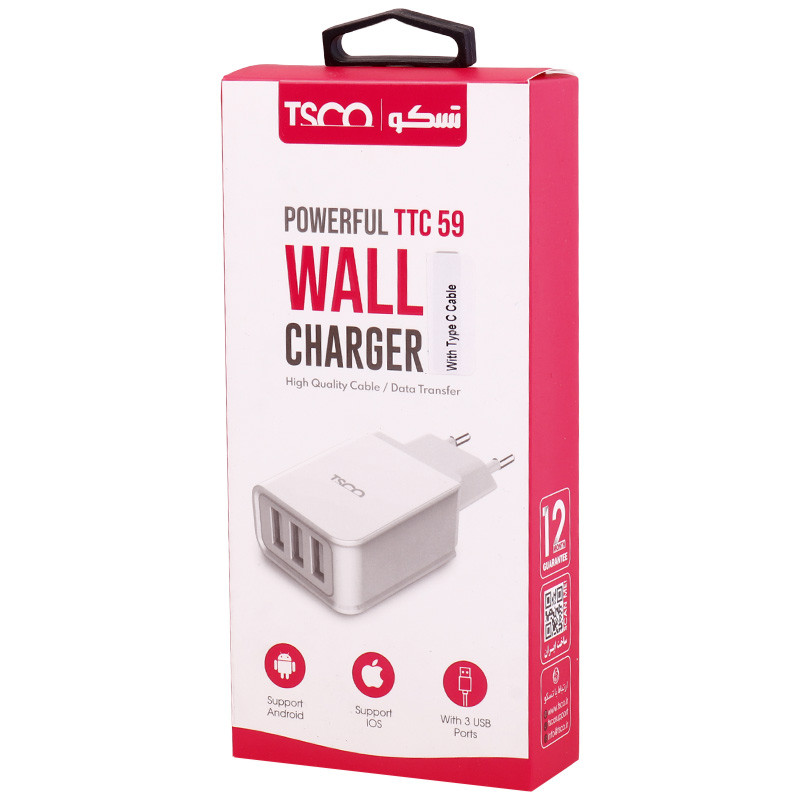 شارژر دیواری TSCO TTC 59 3Port 3.1A 15.5W + کابل تایپ سی