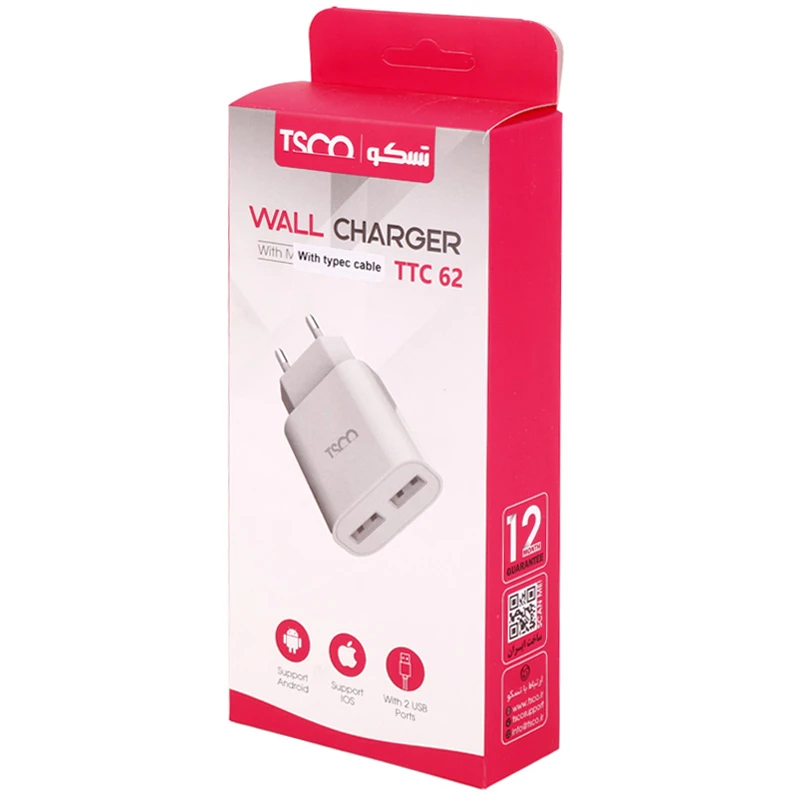 شارژر دیواری 10.5 وات تسکو TTC 62 2.1A + کابل تایپ سی