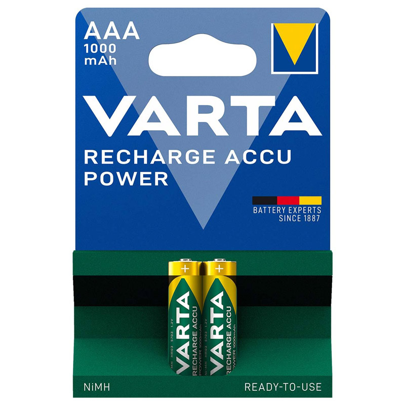 باتری دوتایی نیم قلمی شارژی Varta Recharge Accu Power NiMH AAA 1000mAh