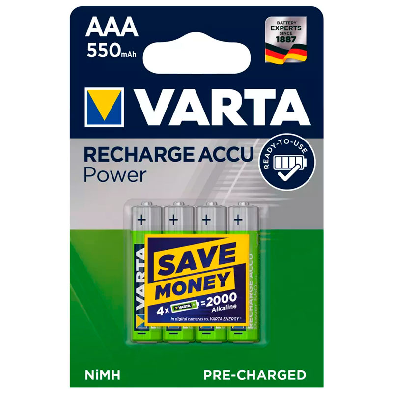 باتری چهارتایی نیم قلمی شارژی Varta Recharge Accu Power NiMH AAA 550mAh