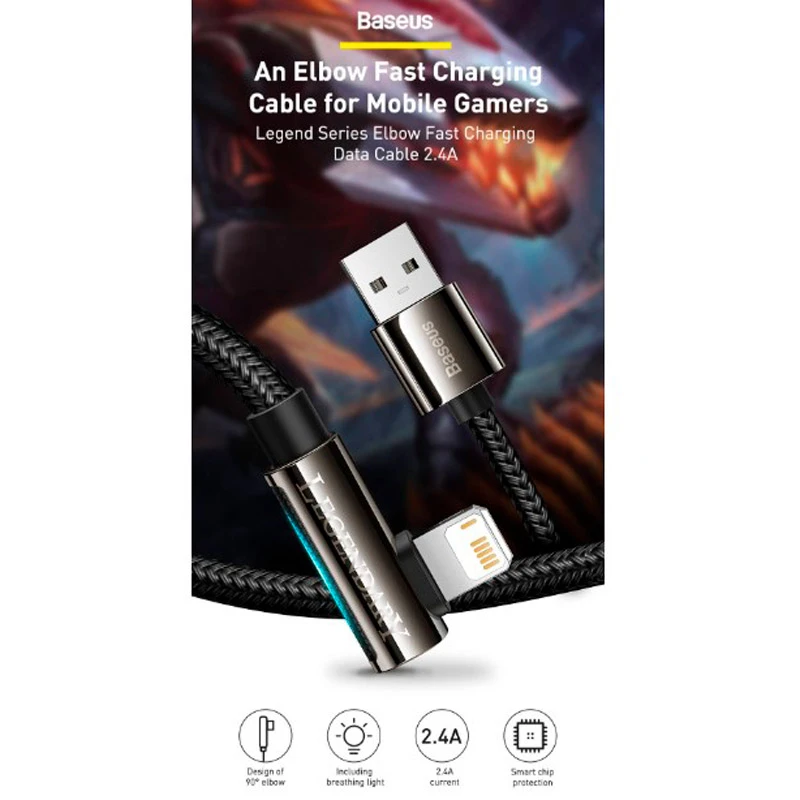 کابل لایتنینگ فست شارژ 2.4 آمپر باسئوس Legend Series Elbow CACS00010 یکسر L طول 2 متر