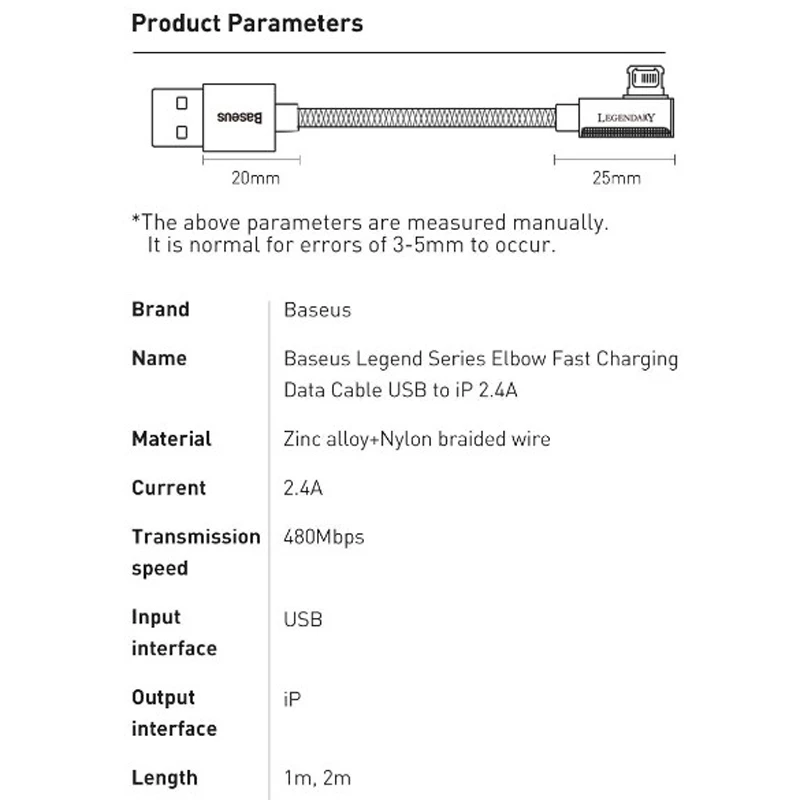 کابل لایتنینگ فست شارژ 2.4 آمپر باسئوس Legend Series Elbow CACS00010 یکسر L طول 2 متر