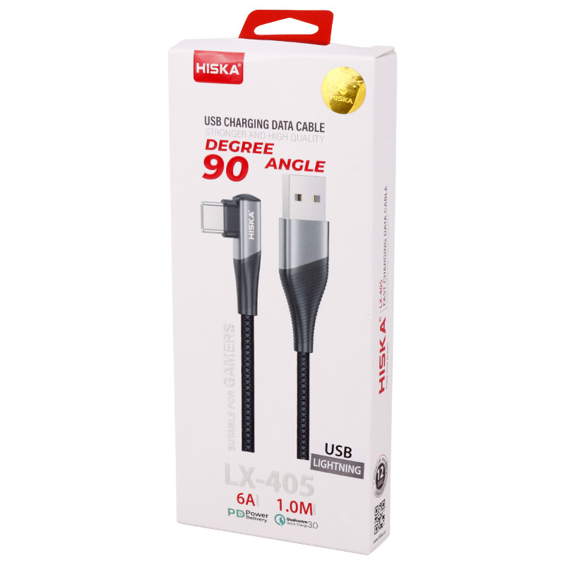 کابل آیفونی فست شارژ Hiska LX-405 6A PD QC3.0 1m یکسر L
