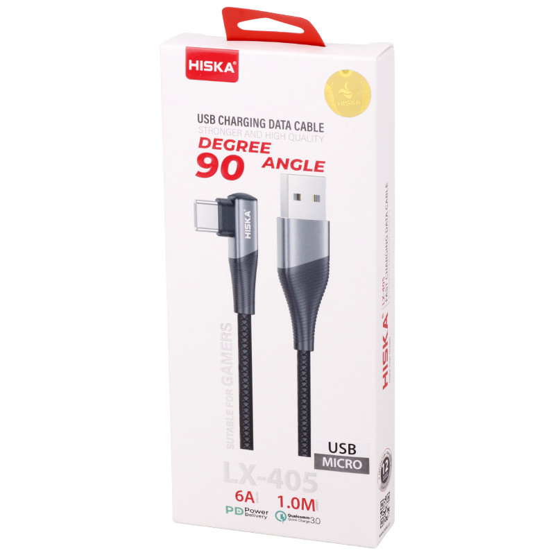کابل میکرو یو اس بی فست شارژ Hiska LX-405 6A PD QC3.0 1m یکسر L