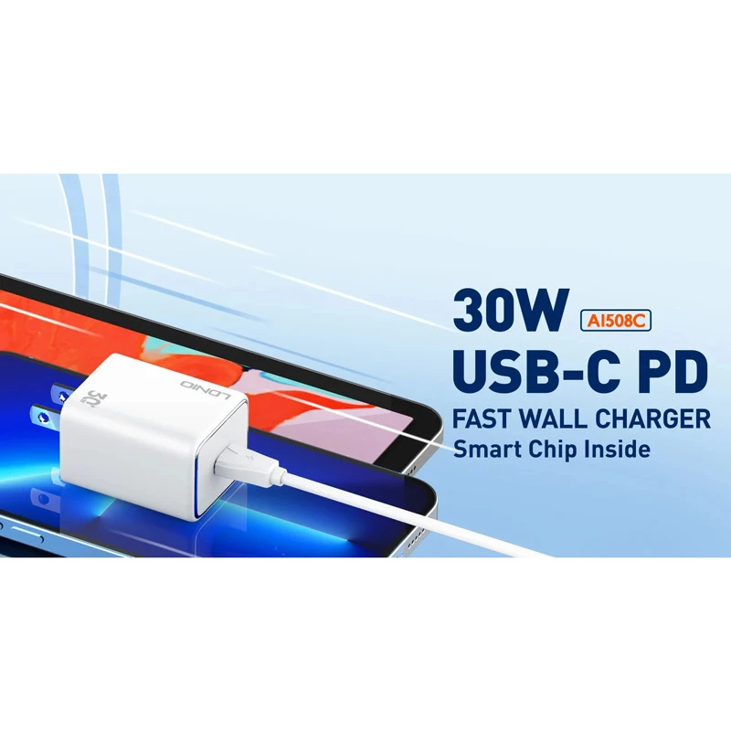 شارژر دیواری 30 وات الدینیو A1508C PD 3A + کابل تبدیل تایپ سی