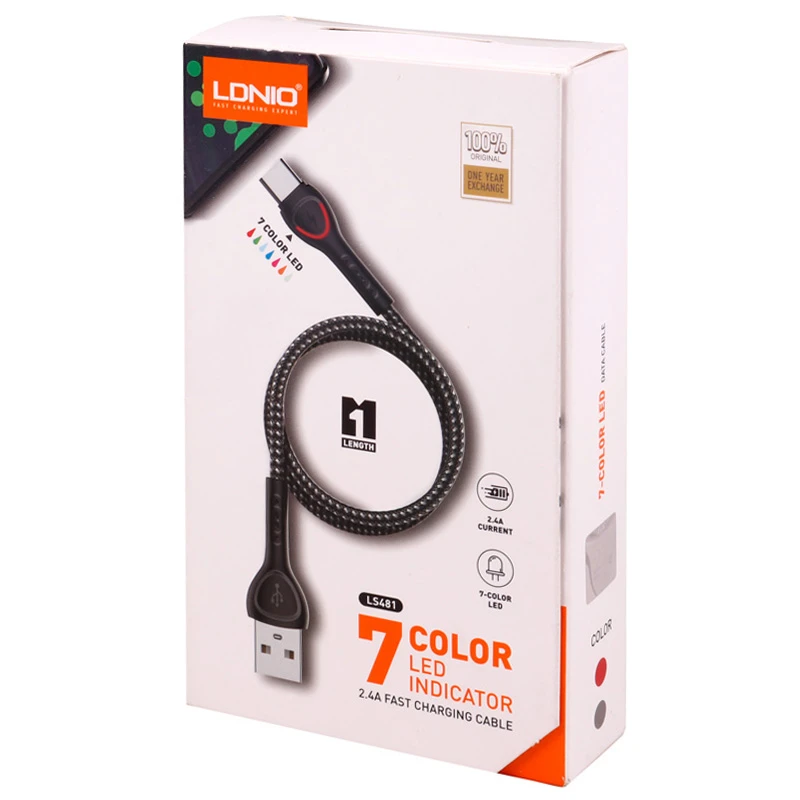 کابل لایتننیگ فست شارژ 2.4 آمپر الدینیو LS481 طول 1 متر