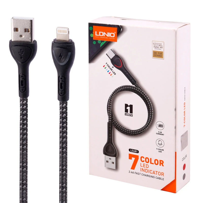 کابل لایتننیگ فست شارژ 2.4 آمپر الدینیو LS481 طول 1 متر