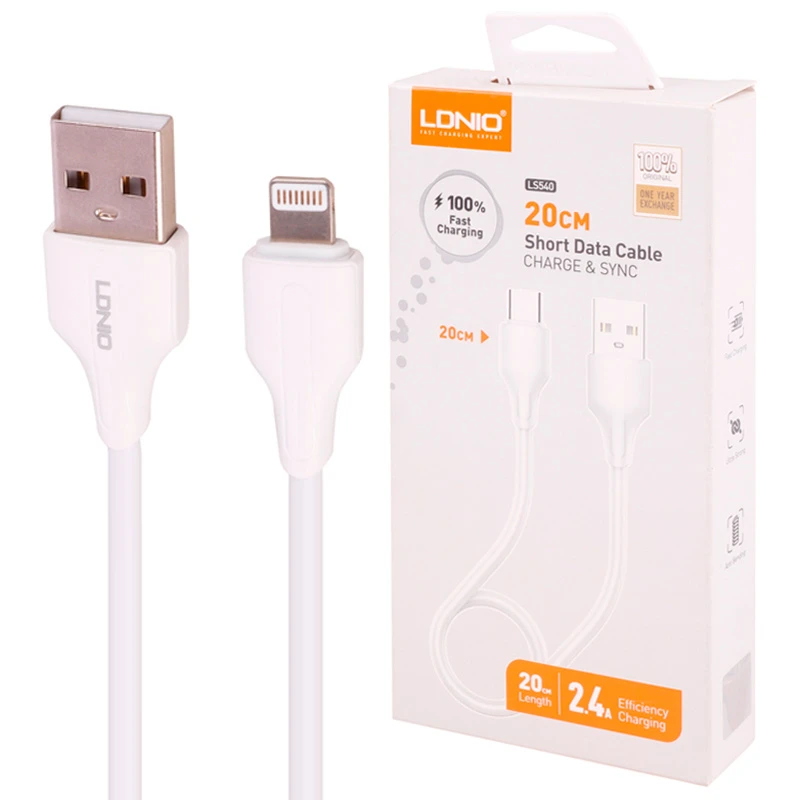 کابل کوتاه لایتنینگ فست شارژ 2.4 آمپر الدینیو LS540 طول 20 سانتی متر