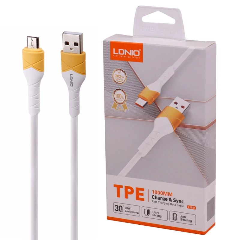 کابل میکرو یو اس بی فست شارژ 30 وات الدینیو LS801 طول 1 متر