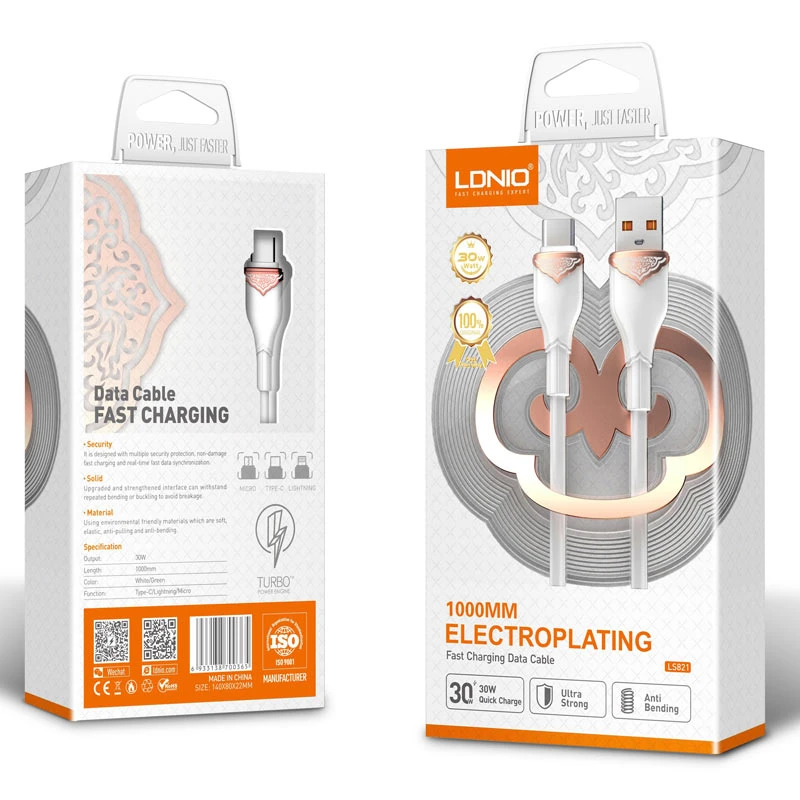 کابل میکرو یو اس بی فست شارژ 30 وات الدینیو LS821 طول 1 متر