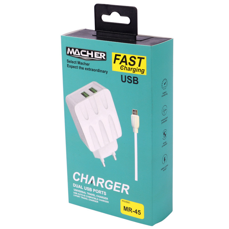 شارژر دیواری فست شارژ Macher MR-45 2Port 2.4A 12W + کابل میکرو یو اس بی