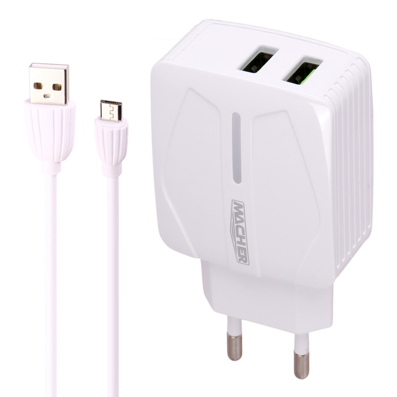 شارژر دیواری فست شارژ Macher MR-46 2Port 2.4A 12W + کابل میکرو یو اس بی