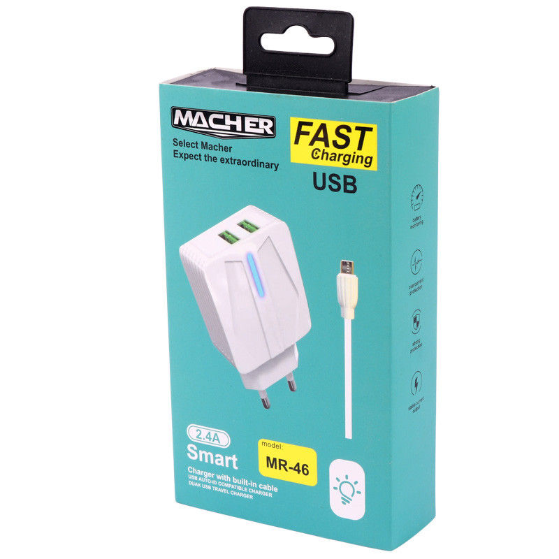 شارژر دیواری فست شارژ Macher MR-46 2Port 2.4A 12W + کابل میکرو یو اس بی