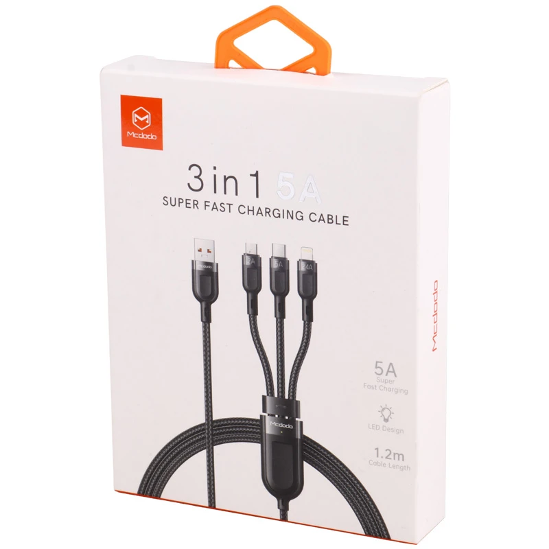 کابل سه سر فست شارژ 5 آمپر مک دودو CA-8790 طول 1.2 متر